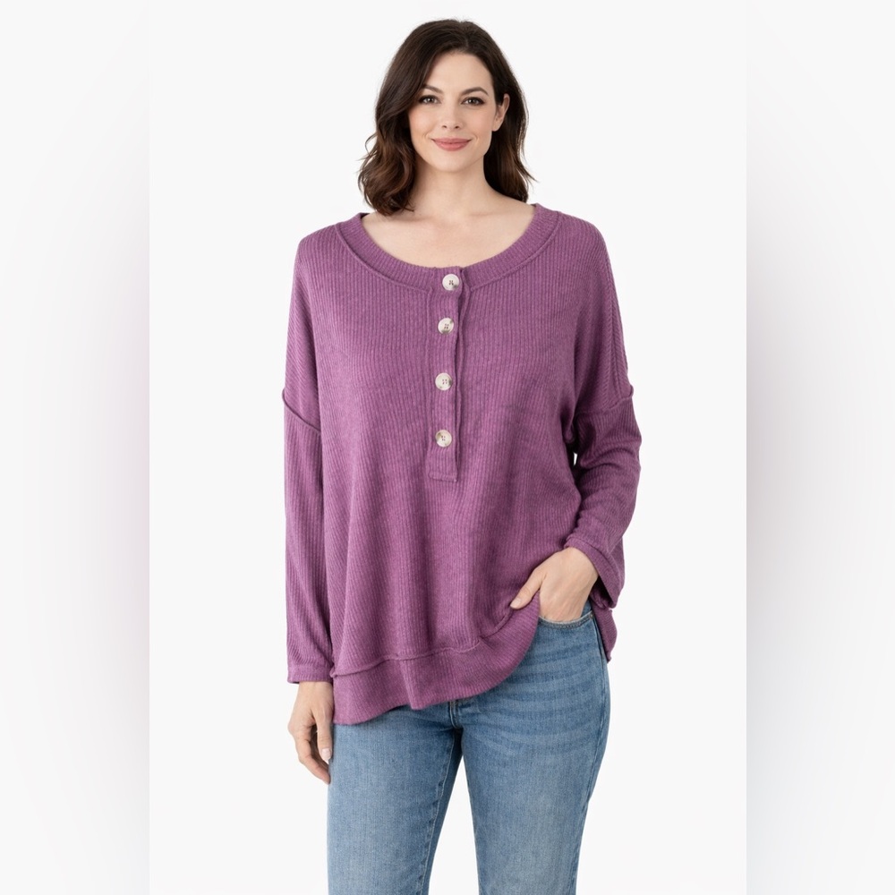 Andree By Unit 1X Top Shirt Purple New NWT Henley Hacci Seams Boxy Dolman